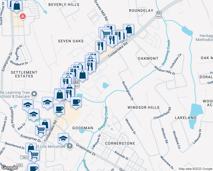 map of restaurants, bars, coffee shops, grocery stores, and more near 7910 Timberlake Road in Lynchburg
