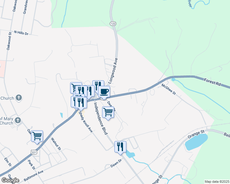 map of restaurants, bars, coffee shops, grocery stores, and more near 1629-1697 Forest Road in Bedford