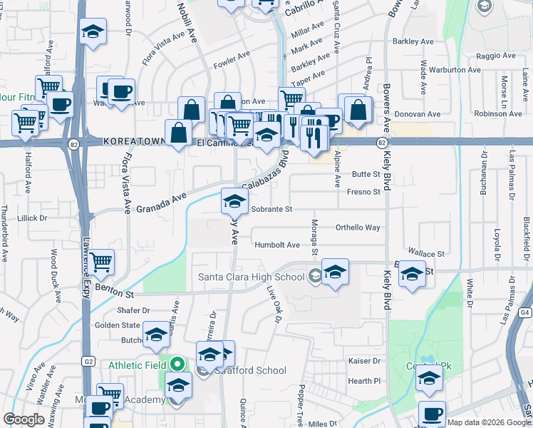 map of restaurants, bars, coffee shops, grocery stores, and more near 3181 Orthello Way in Santa Clara