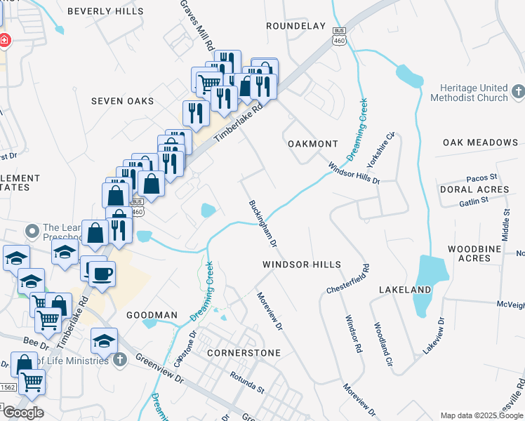 map of restaurants, bars, coffee shops, grocery stores, and more near 111 Buckingham Dr in Lynchburg
