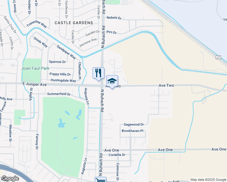 map of restaurants, bars, coffee shops, grocery stores, and more near 1800 North Buhach Road in Atwater