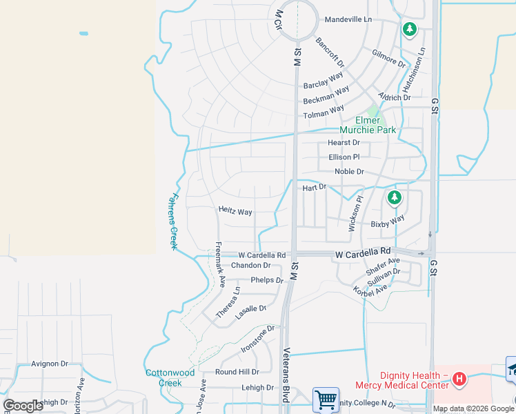 map of restaurants, bars, coffee shops, grocery stores, and more near 697 Heitz Court in Merced