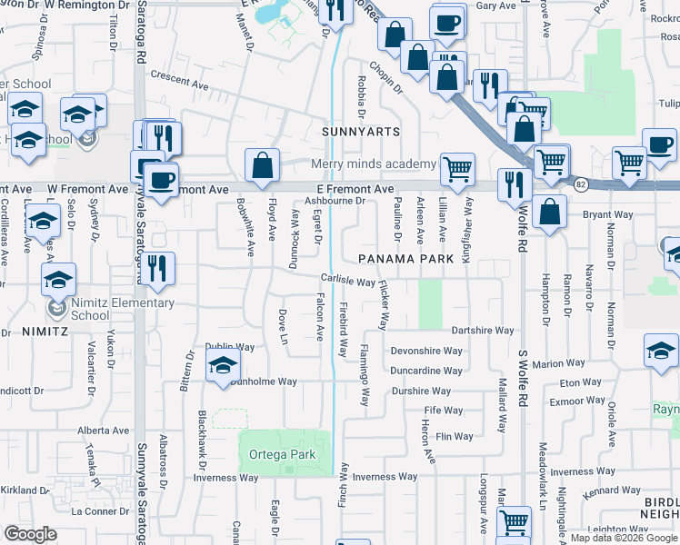 map of restaurants, bars, coffee shops, grocery stores, and more near 1402 Falcon Avenue in Sunnyvale