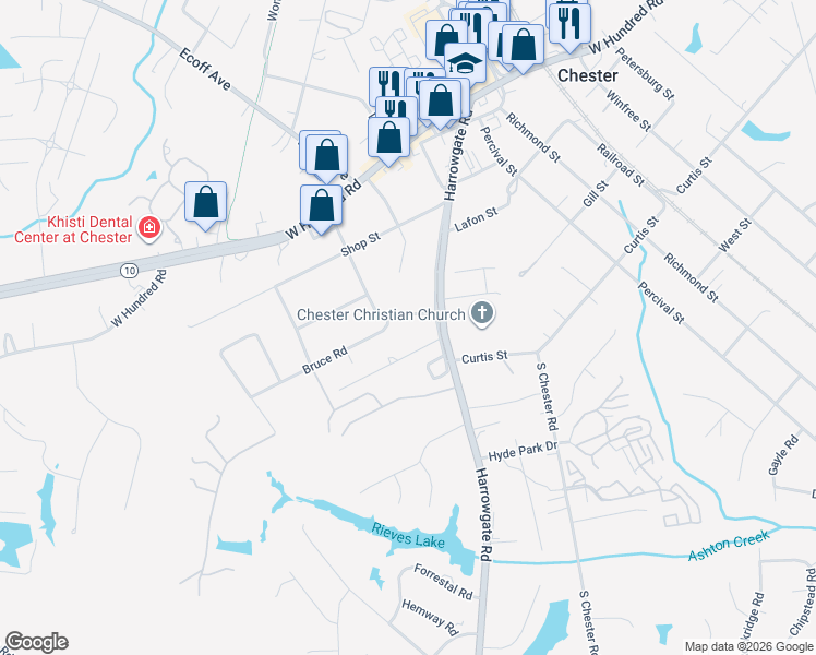 map of restaurants, bars, coffee shops, grocery stores, and more near 12408 Harrowgate Road in Chester