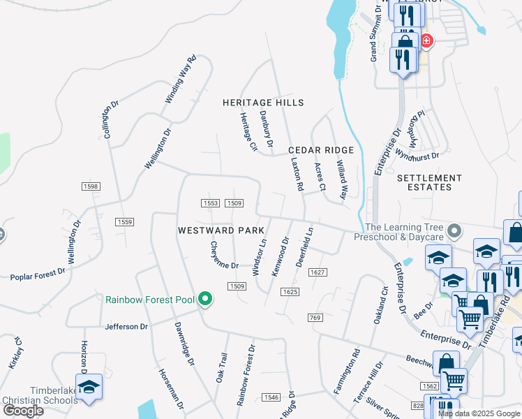 map of restaurants, bars, coffee shops, grocery stores, and more near 1886 Rainbow Forest Drive in Lynchburg