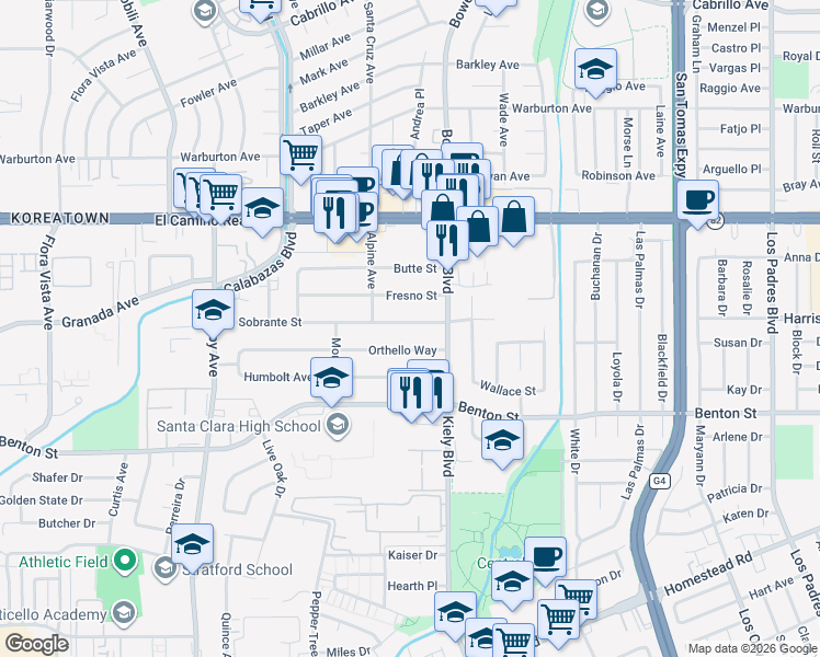 map of restaurants, bars, coffee shops, grocery stores, and more near 2904 El Sobrante Street in Santa Clara