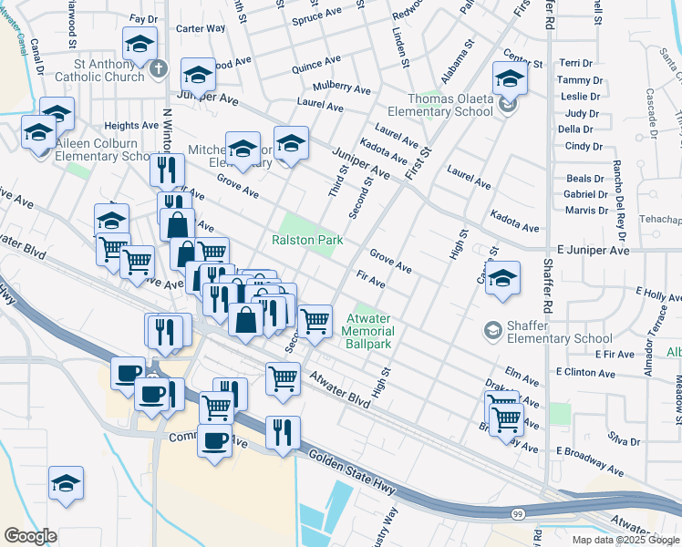 map of restaurants, bars, coffee shops, grocery stores, and more near 1475 First Street in Atwater