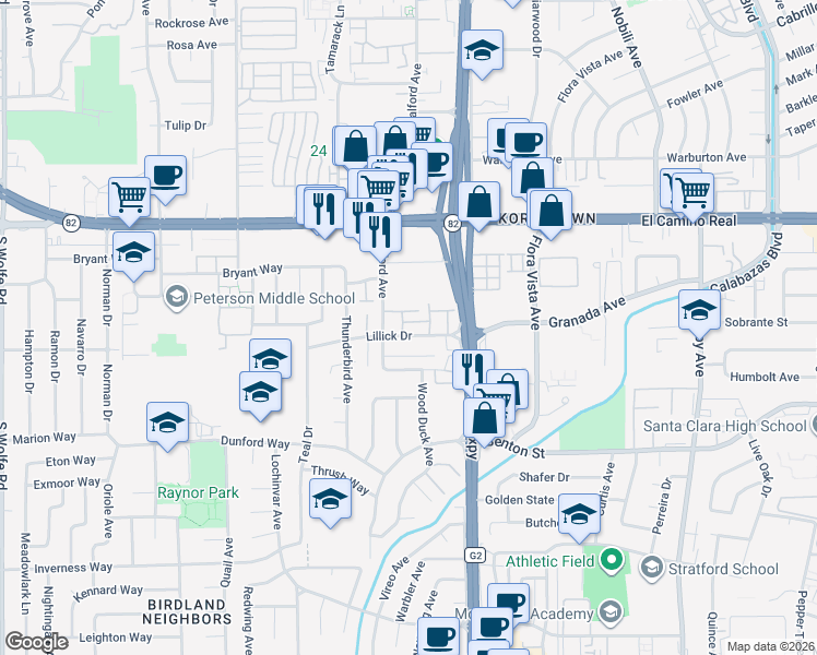 map of restaurants, bars, coffee shops, grocery stores, and more near 3728 Europe Court in Santa Clara