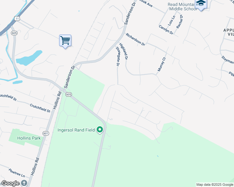 map of restaurants, bars, coffee shops, grocery stores, and more near 264 Stonecreek Way in Roanoke