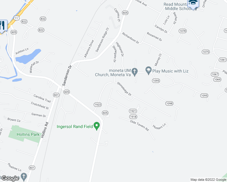 map of restaurants, bars, coffee shops, grocery stores, and more near 264 Stonecreek Way in Roanoke