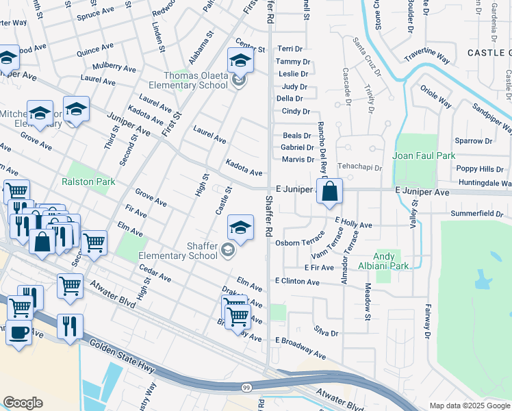 map of restaurants, bars, coffee shops, grocery stores, and more near 1675 Shaffer Road in Atwater