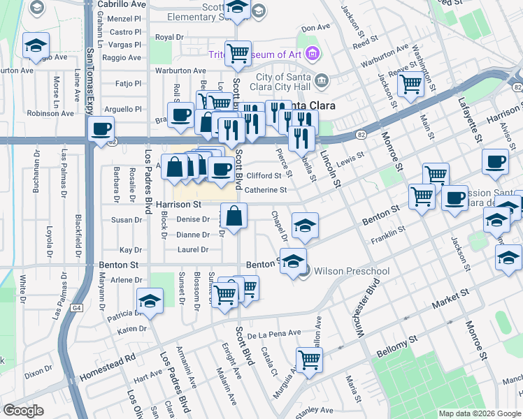 map of restaurants, bars, coffee shops, grocery stores, and more near 1924 Stafford Street in Santa Clara