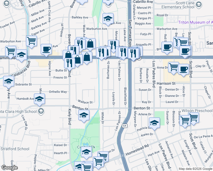 map of restaurants, bars, coffee shops, grocery stores, and more near 1237 White Drive in Santa Clara