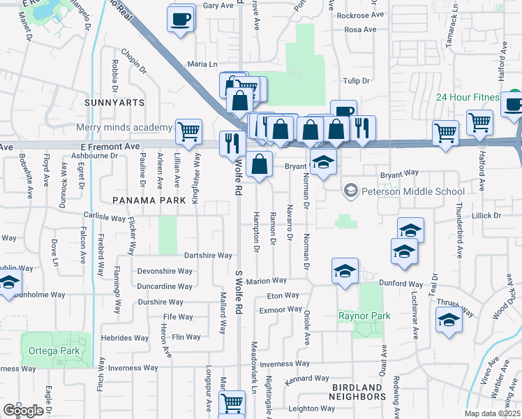 map of restaurants, bars, coffee shops, grocery stores, and more near 1394 Hampton Drive in Sunnyvale