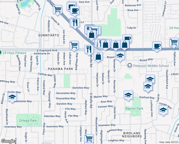 map of restaurants, bars, coffee shops, grocery stores, and more near 1407 South Wolfe Road in Sunnyvale
