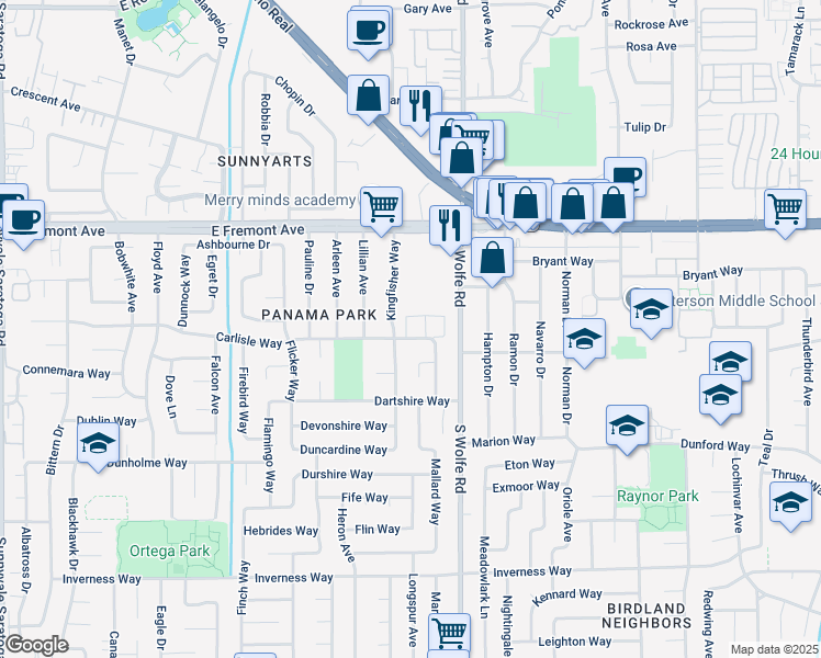 map of restaurants, bars, coffee shops, grocery stores, and more near 858 Carlisle Way in Sunnyvale