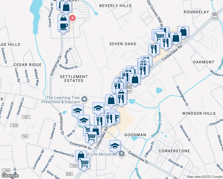 map of restaurants, bars, coffee shops, grocery stores, and more near 8127 Timberlake Road in Lynchburg