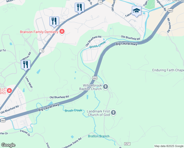 map of restaurants, bars, coffee shops, grocery stores, and more near U.S. 460 in Oakvale
