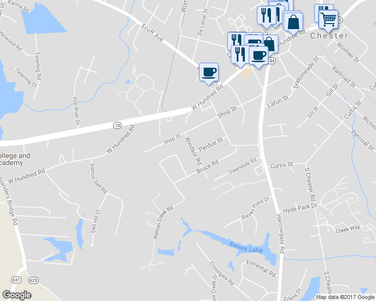 map of restaurants, bars, coffee shops, grocery stores, and more near 4830 Cool Spring Drive in Chester