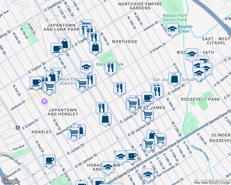 map of restaurants, bars, coffee shops, grocery stores, and more near 421 North 13th Street in San Jose