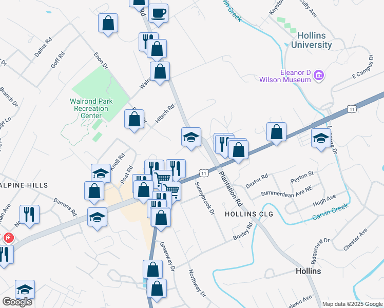 map of restaurants, bars, coffee shops, grocery stores, and more near in Roanoke