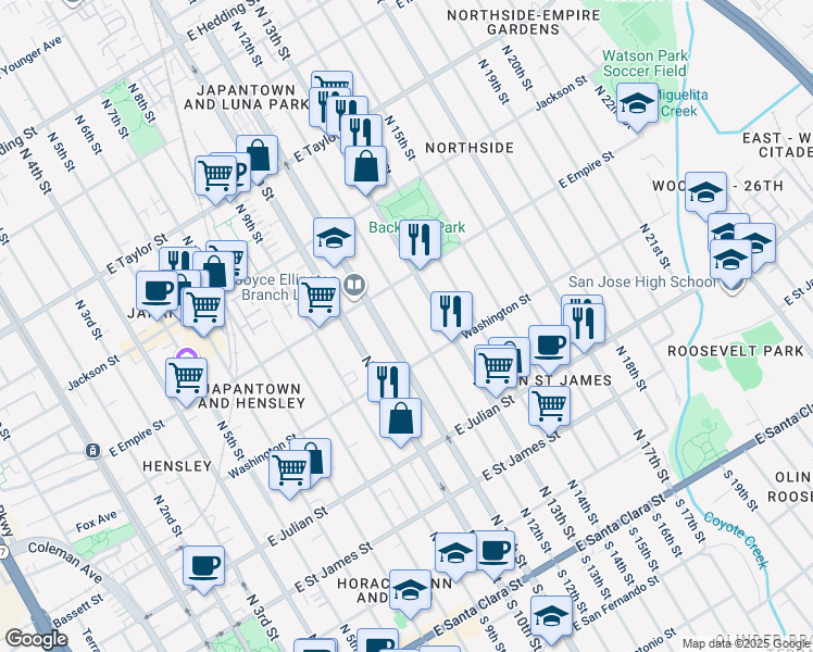 map of restaurants, bars, coffee shops, grocery stores, and more near 449 North 12th Street in San Jose