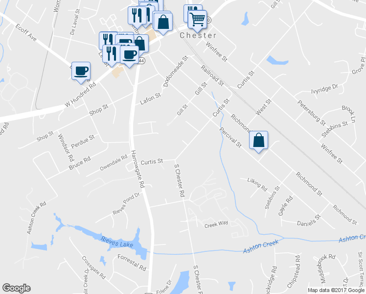 map of restaurants, bars, coffee shops, grocery stores, and more near 4234 Curtis Street in Chester
