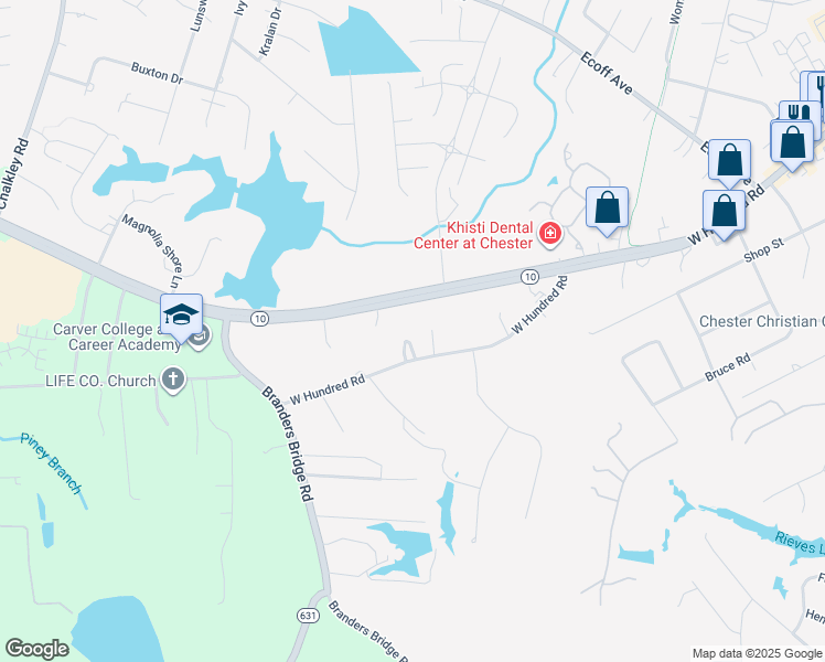 map of restaurants, bars, coffee shops, grocery stores, and more near 12540 Iron Bridge Road in Chester