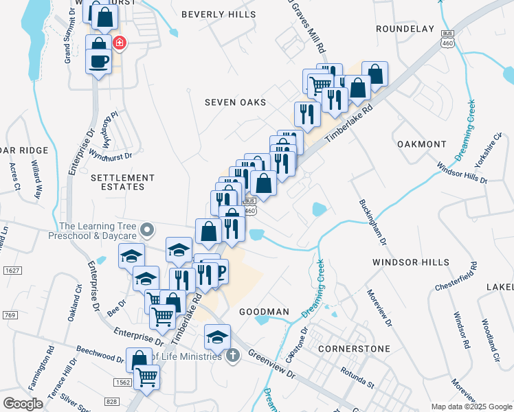 map of restaurants, bars, coffee shops, grocery stores, and more near 8022 Timberlake Road in Lynchburg