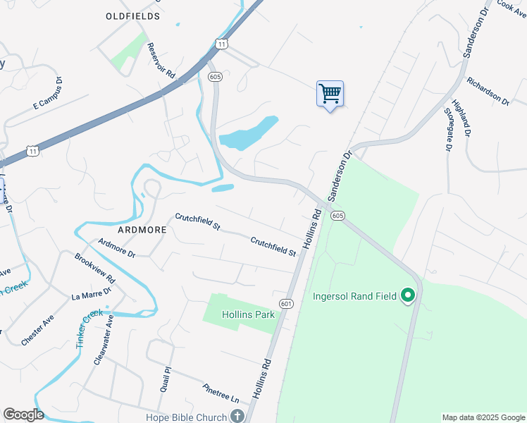 map of restaurants, bars, coffee shops, grocery stores, and more near 6111 Old Black Horse Road in Hollins