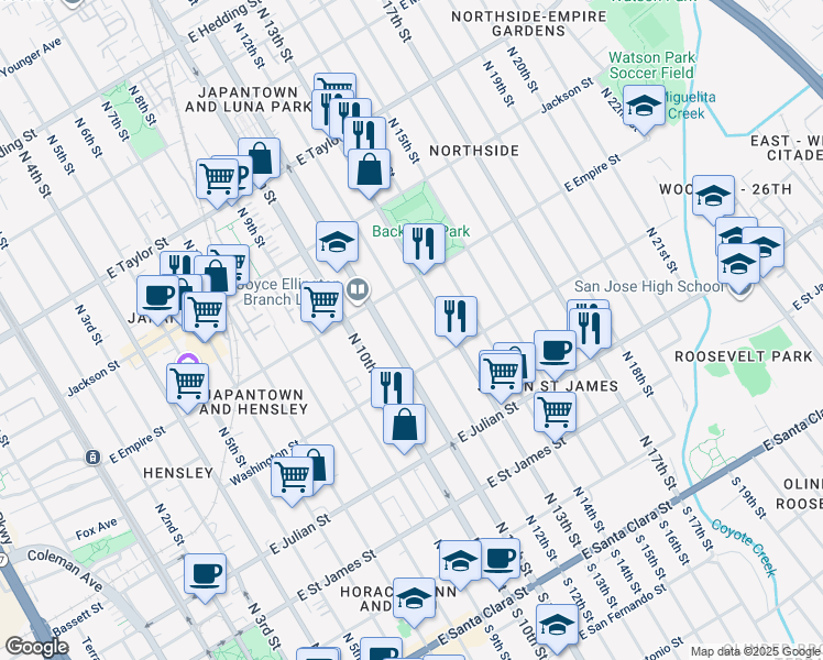 map of restaurants, bars, coffee shops, grocery stores, and more near 449 North 12th Street in San Jose