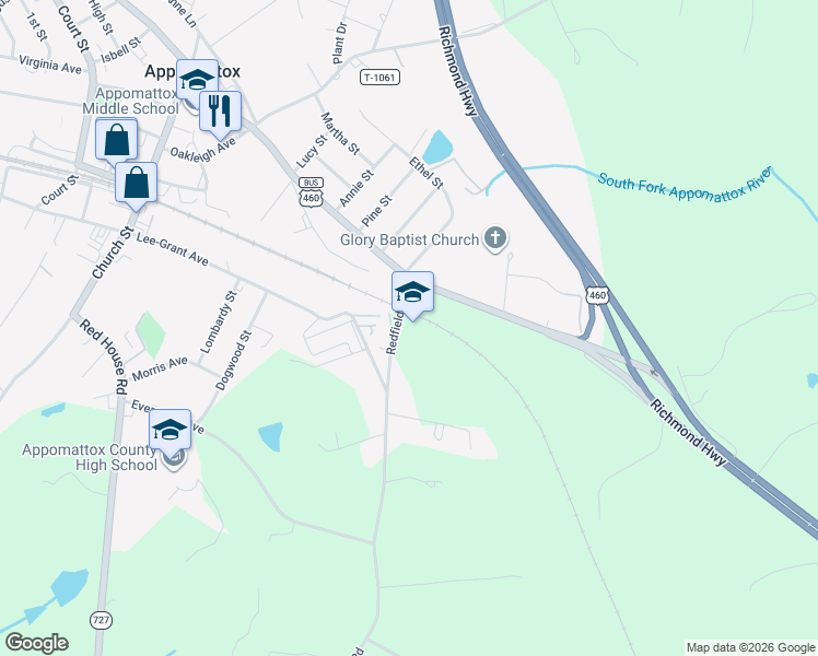 map of restaurants, bars, coffee shops, grocery stores, and more near 1916 Redfields Road in Appomattox