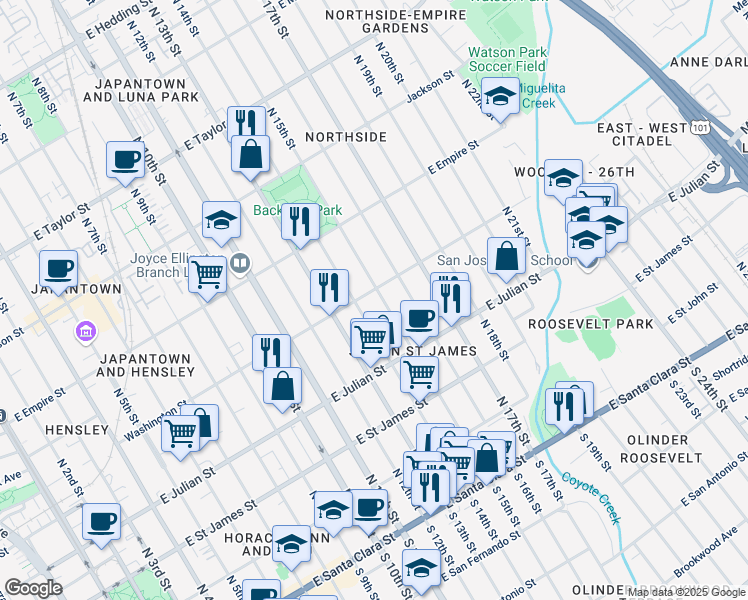 map of restaurants, bars, coffee shops, grocery stores, and more near 361 North 15th Street in San Jose