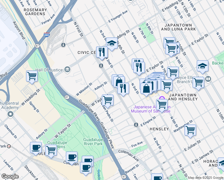 map of restaurants, bars, coffee shops, grocery stores, and more near 695 North 1st Street in San Jose