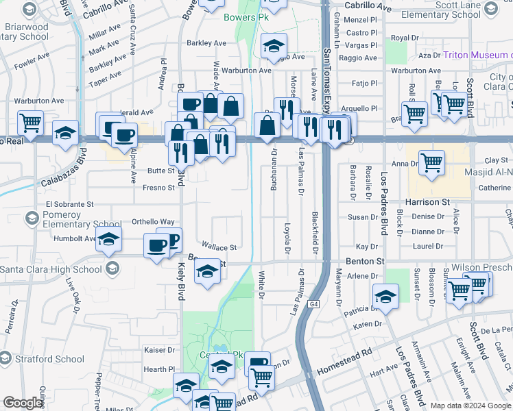 map of restaurants, bars, coffee shops, grocery stores, and more near 1282 White Drive in Santa Clara