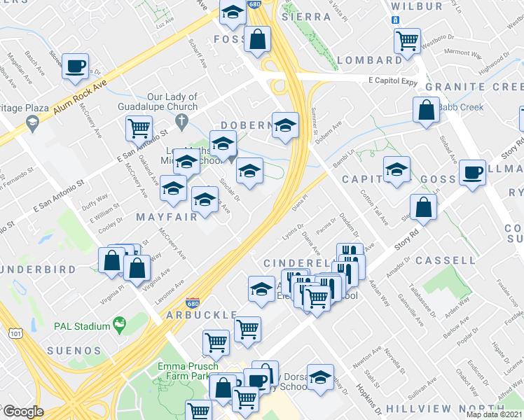 map of restaurants, bars, coffee shops, grocery stores, and more near 2064 Lavonne Avenue in San Jose