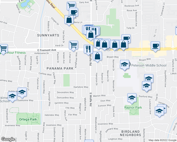 map of restaurants, bars, coffee shops, grocery stores, and more near 1363 South Wolfe Road in Sunnyvale