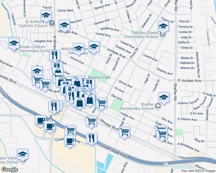 map of restaurants, bars, coffee shops, grocery stores, and more near 1401 First Street in Atwater