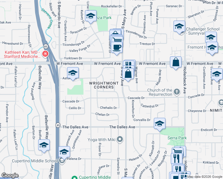 map of restaurants, bars, coffee shops, grocery stores, and more near 917 Cascade Drive in Sunnyvale