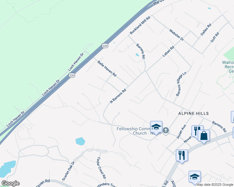 map of restaurants, bars, coffee shops, grocery stores, and more near 6320 North Barrens Road in Hollins