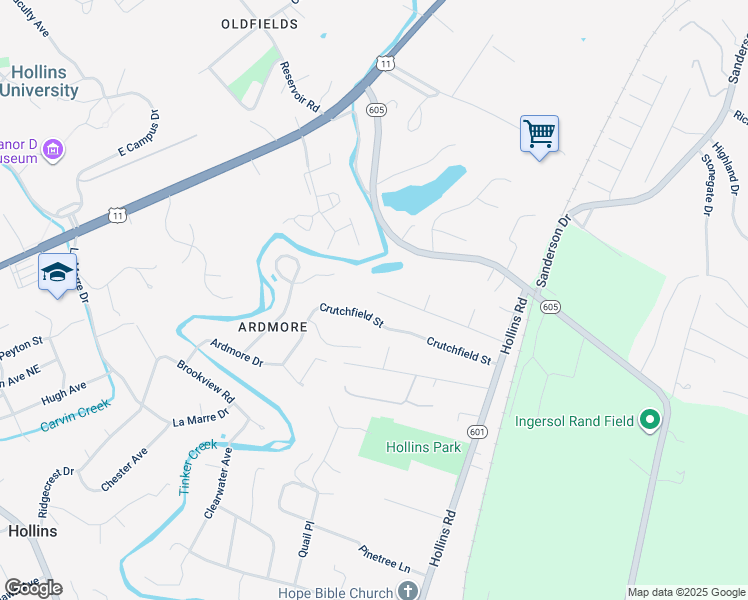 map of restaurants, bars, coffee shops, grocery stores, and more near 6136 Carolina Trail in Hollins