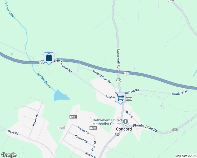 map of restaurants, bars, coffee shops, grocery stores, and more near 203 Midgett Farm Road in Concord