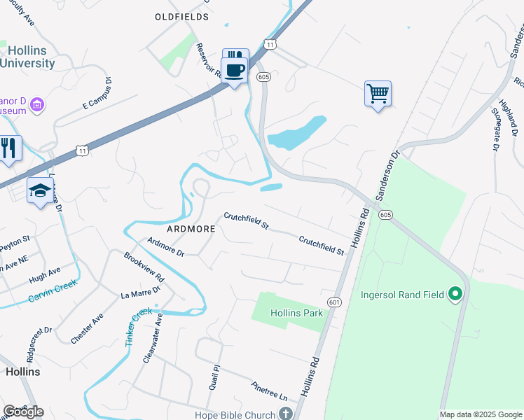 map of restaurants, bars, coffee shops, grocery stores, and more near 6136 Carolina Trail in Hollins