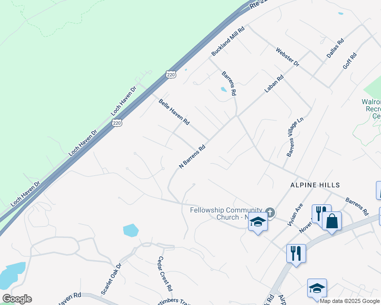 map of restaurants, bars, coffee shops, grocery stores, and more near 6320 North Barrens Road in Hollins