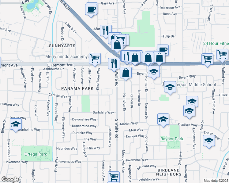 map of restaurants, bars, coffee shops, grocery stores, and more near 1363 South Wolfe Road in Sunnyvale