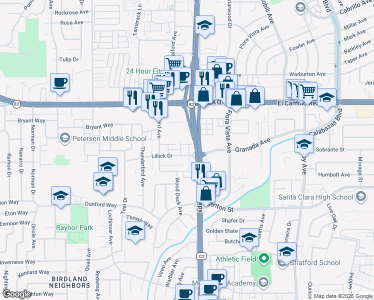 map of restaurants, bars, coffee shops, grocery stores, and more near 1332 Casa Court in Santa Clara