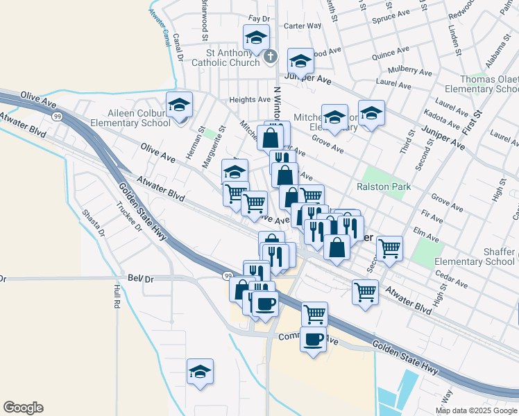 map of restaurants, bars, coffee shops, grocery stores, and more near 1831 Olive Avenue in Atwater