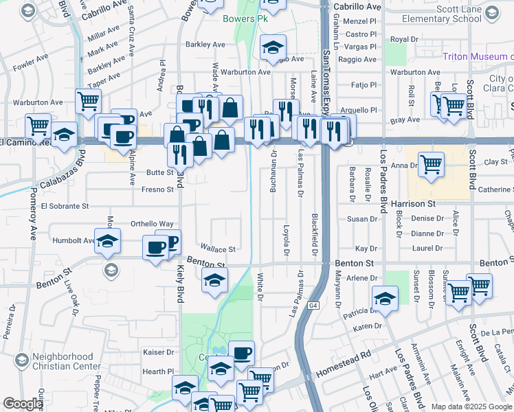 map of restaurants, bars, coffee shops, grocery stores, and more near 1282 White Drive in Santa Clara