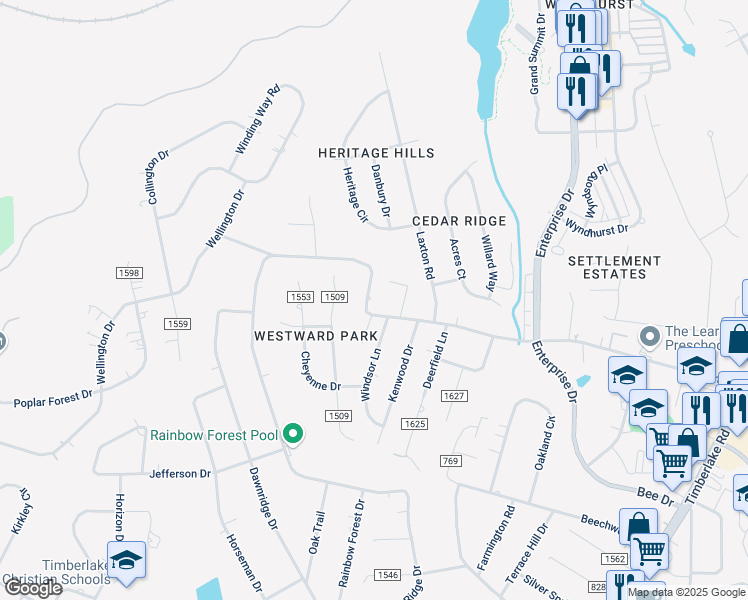 map of restaurants, bars, coffee shops, grocery stores, and more near 1870 Rainbow Forest Drive in Lynchburg
