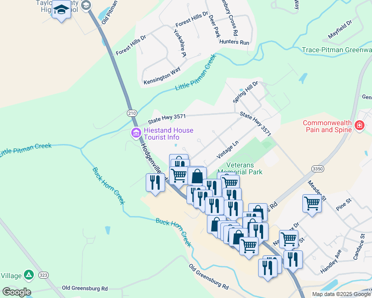 map of restaurants, bars, coffee shops, grocery stores, and more near 104 De Chaunac Circle in Campbellsville